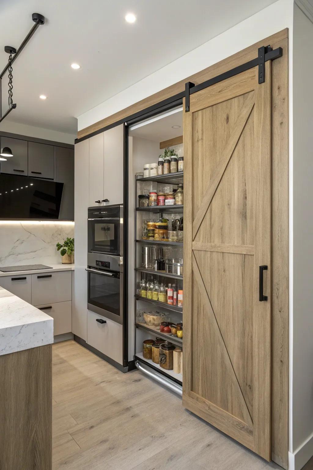 A modern kitchen with an innovative sliding mechanism for the barn door pantry.