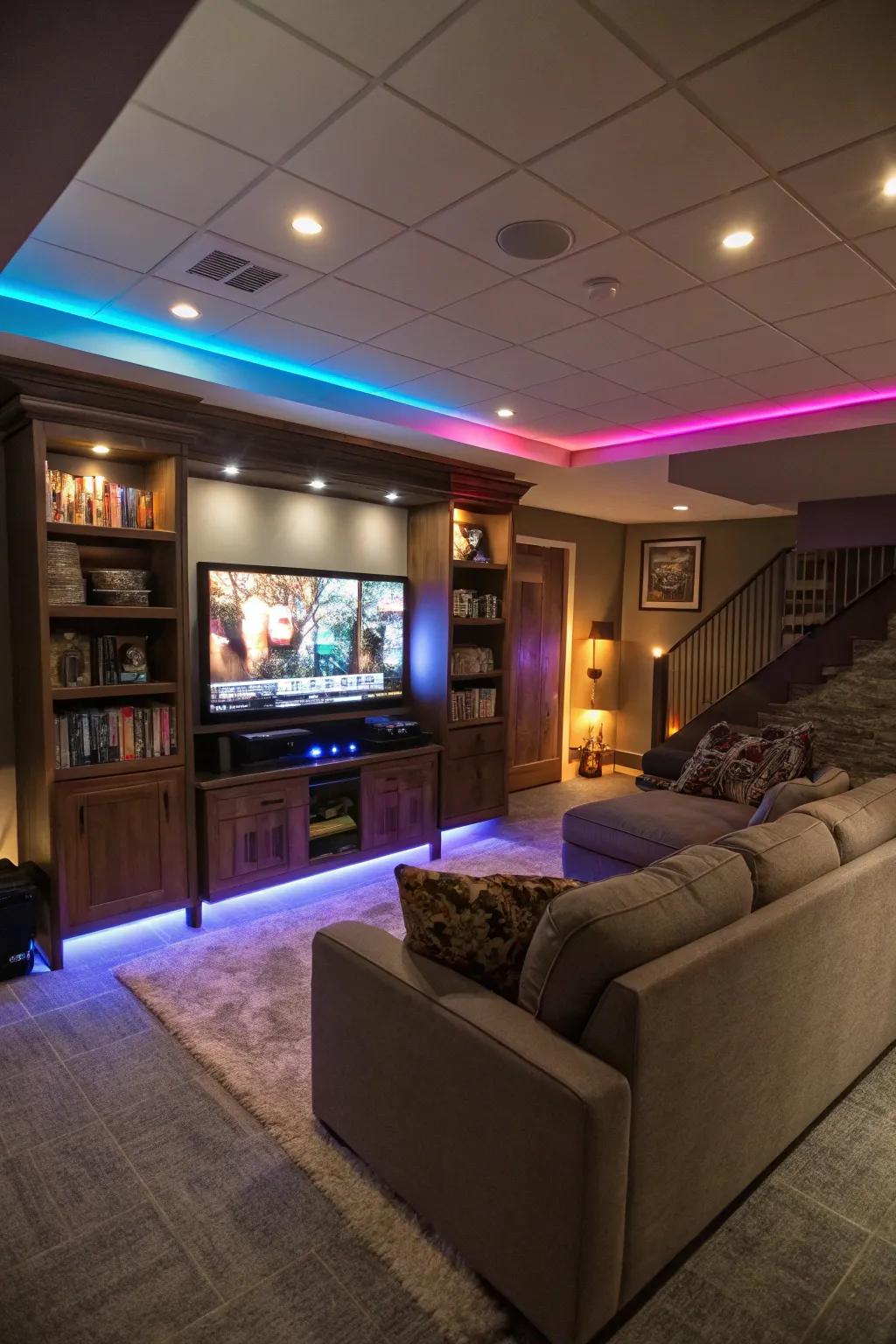 A basement TV area with mood lighting that can be adjusted to create different ambiances.