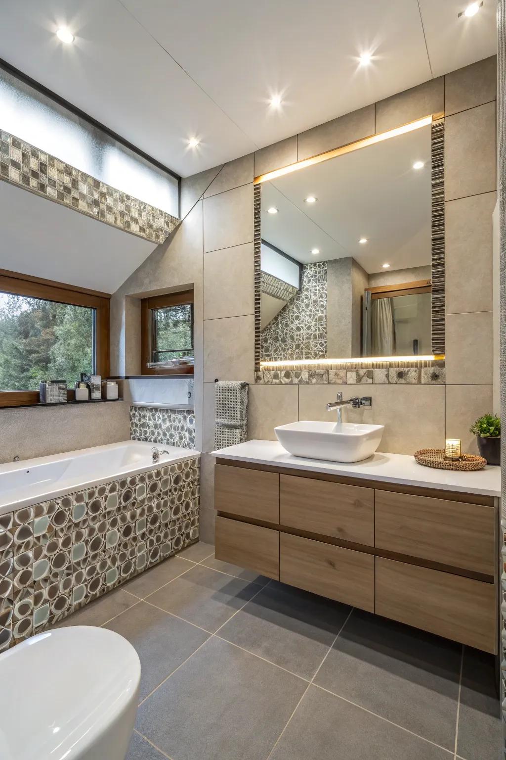 Floating trims offer a sleek, contemporary bathroom aesthetic.