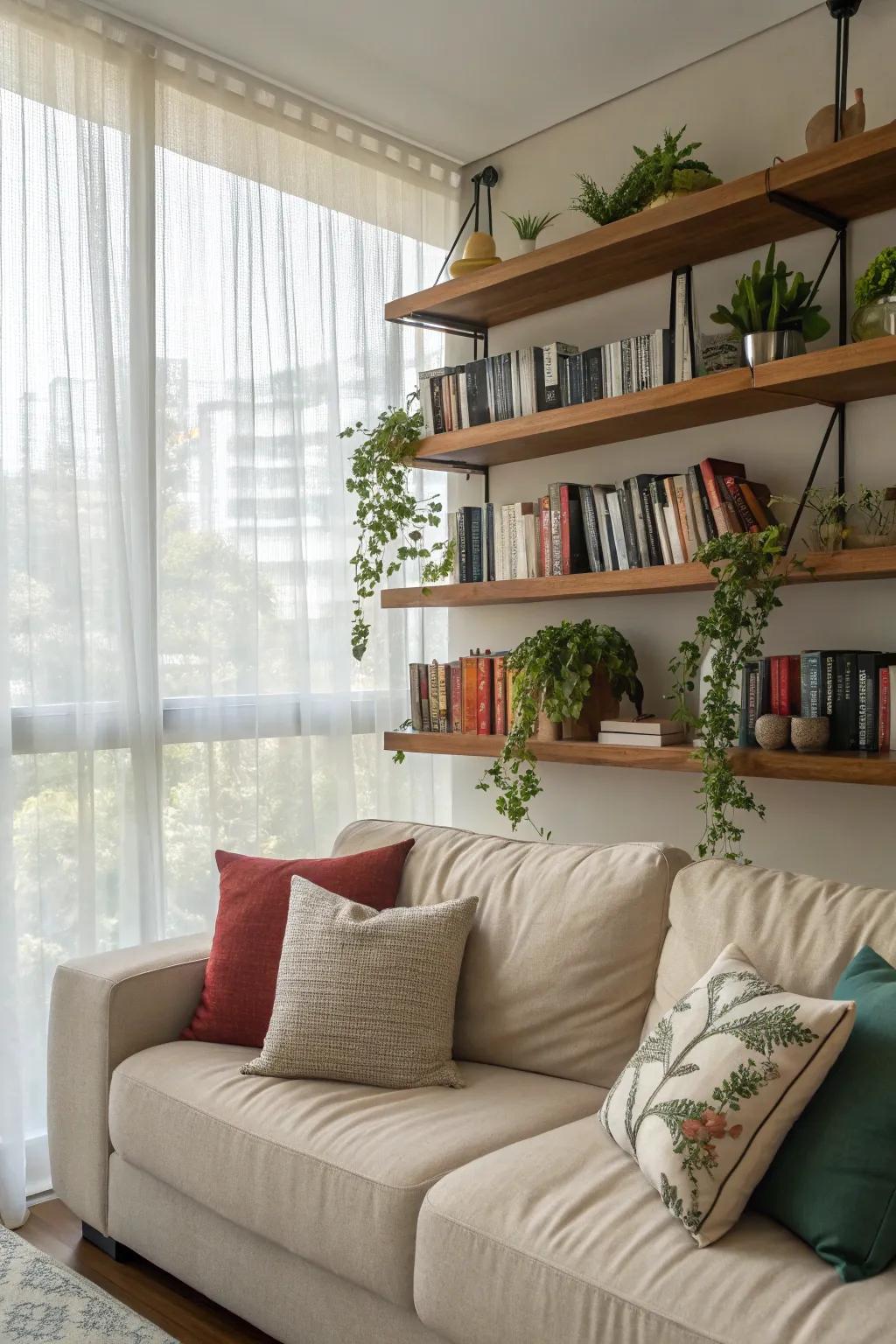 Floating shelves offer a chic and versatile display.