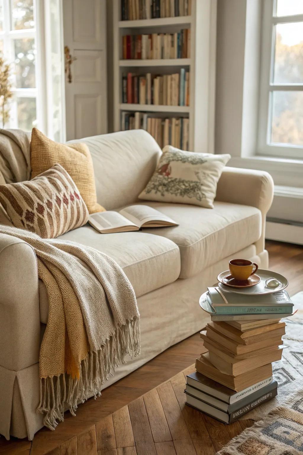 A charming reading nook with a beige couch and ambient lighting.