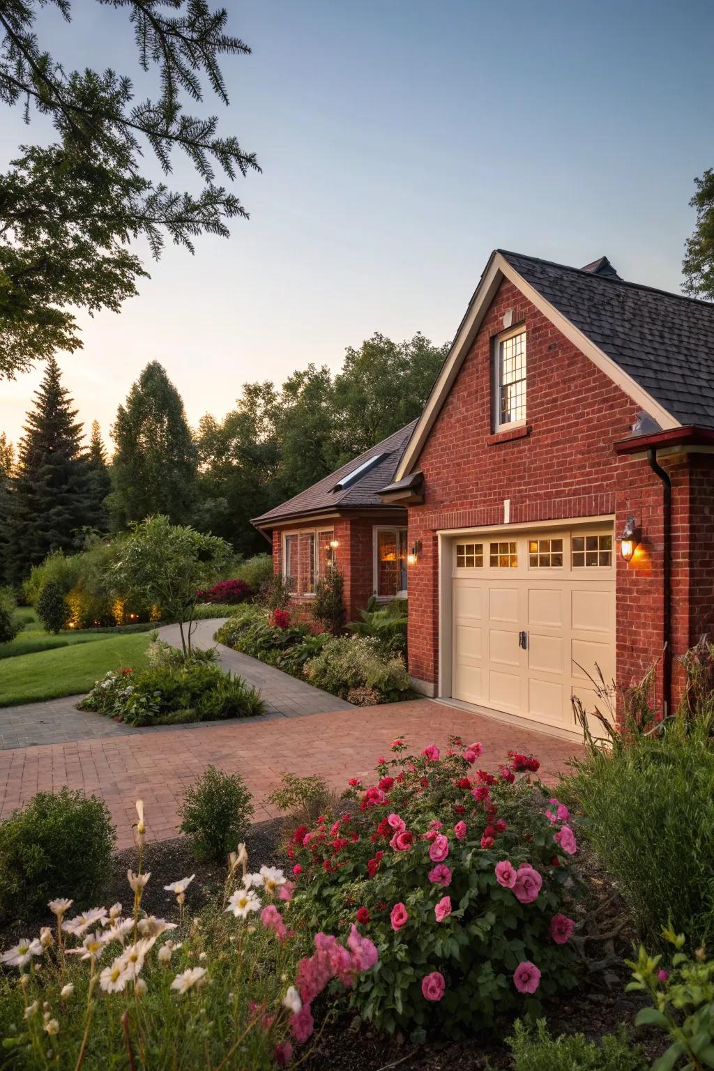 Soft beige garage doors offer a calming effect on red brick homes.