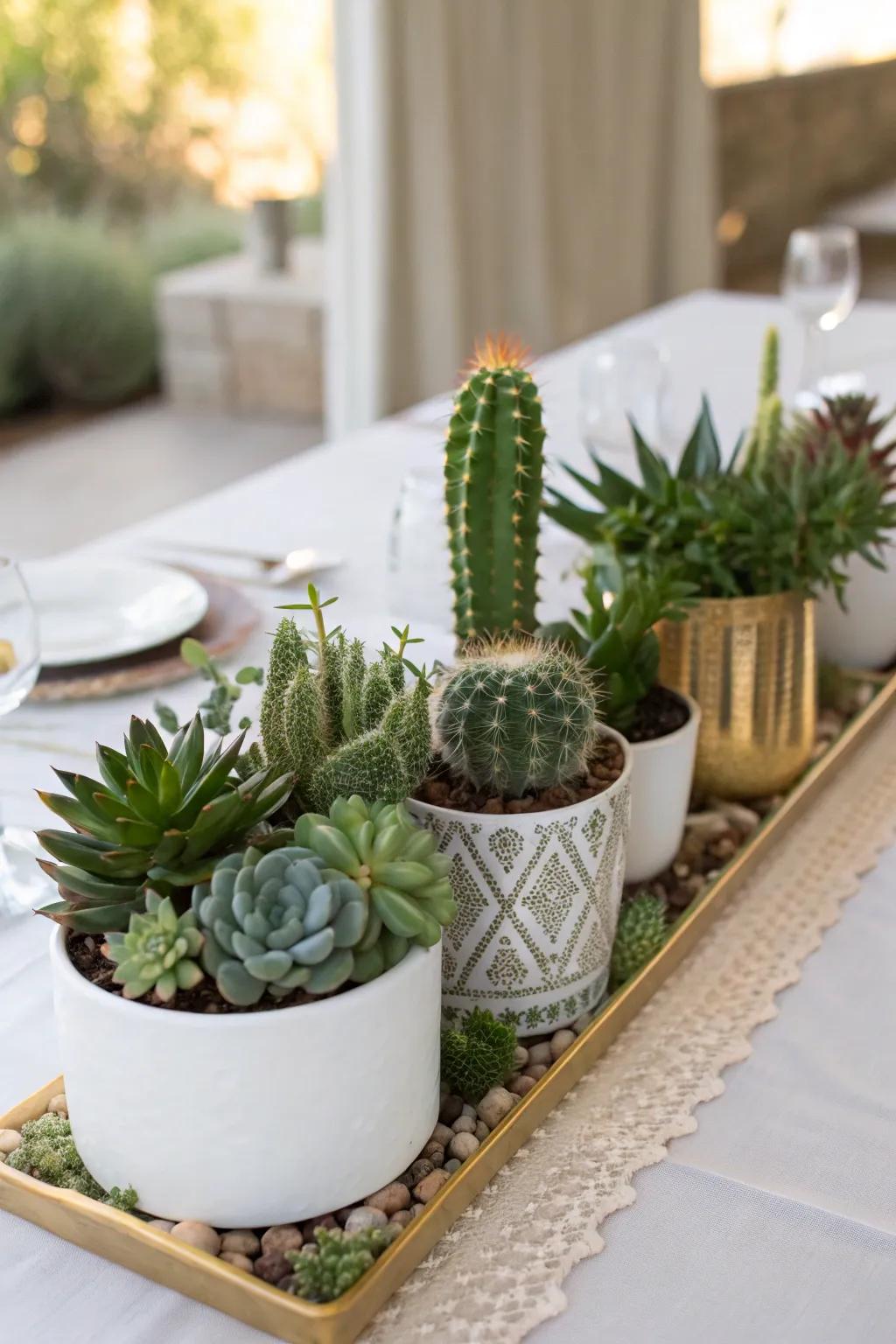 Cacti and succulents offer lush greenery with minimal maintenance.