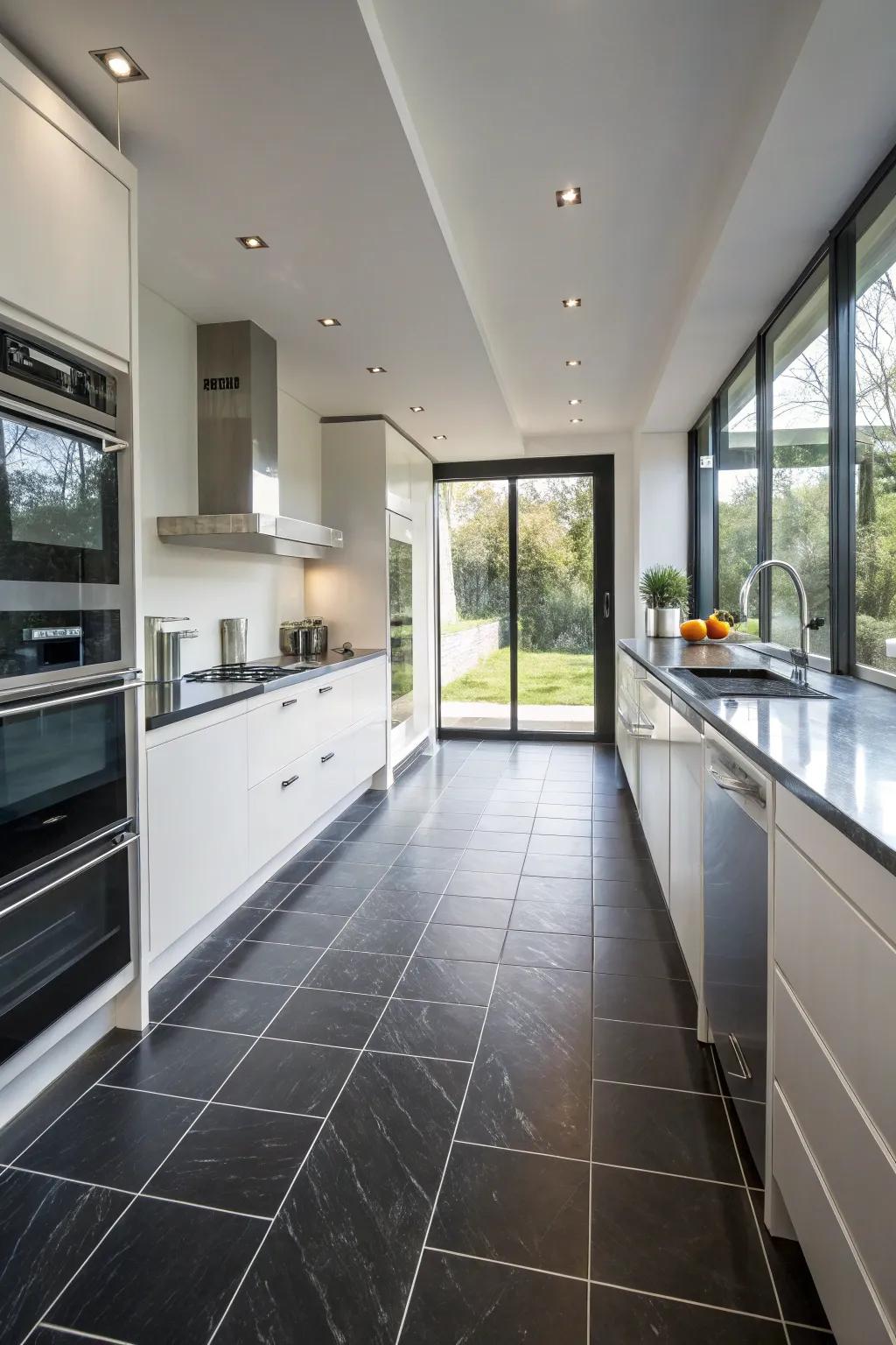 A kitchen showcasing the practicality and beauty of black porcelain floor tiles.