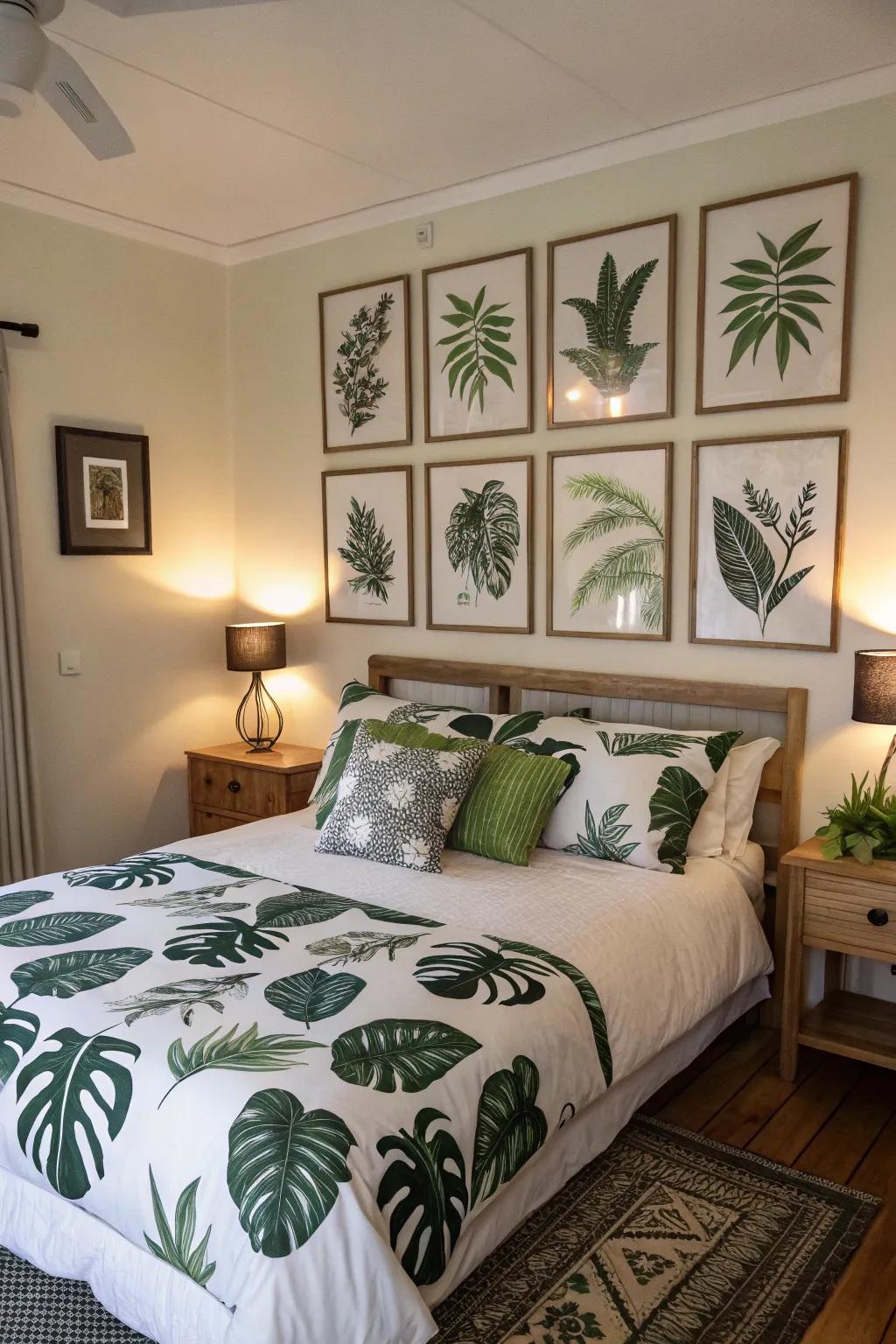 Botanical prints enhancing the room's natural appeal.