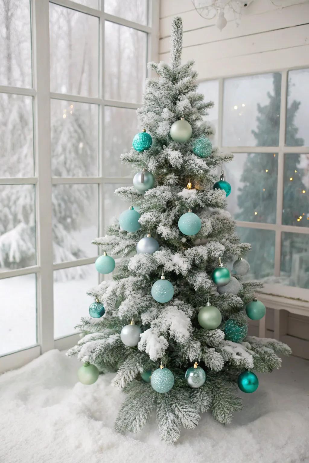 A powder blue and mint tree that evokes snowy winter delights.