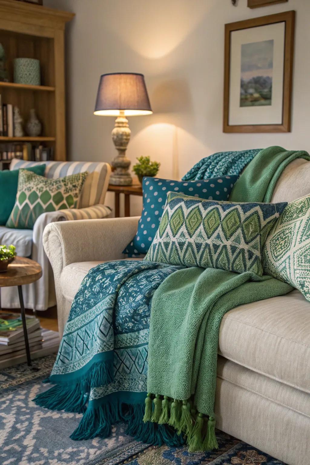 Textiles in combined patterns append dimension and charm.