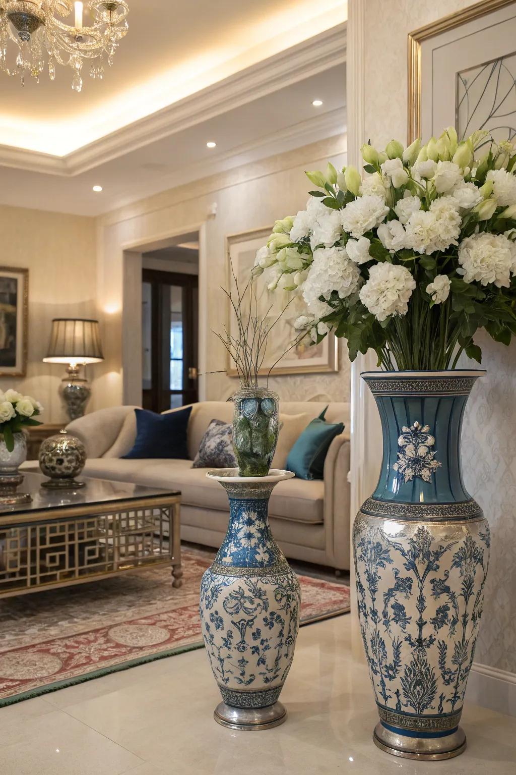 Blue and silver vases filled with fresh flowers bring elegance to this living room.