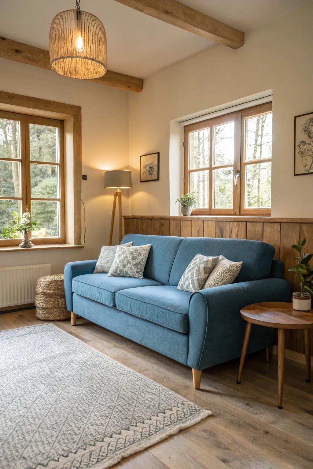 Light wood accents complement a blue sofa beautifully.