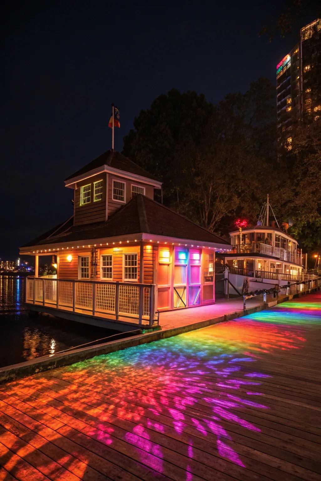 Colorful LED lights add personality and vibrant patterns to the boat house.