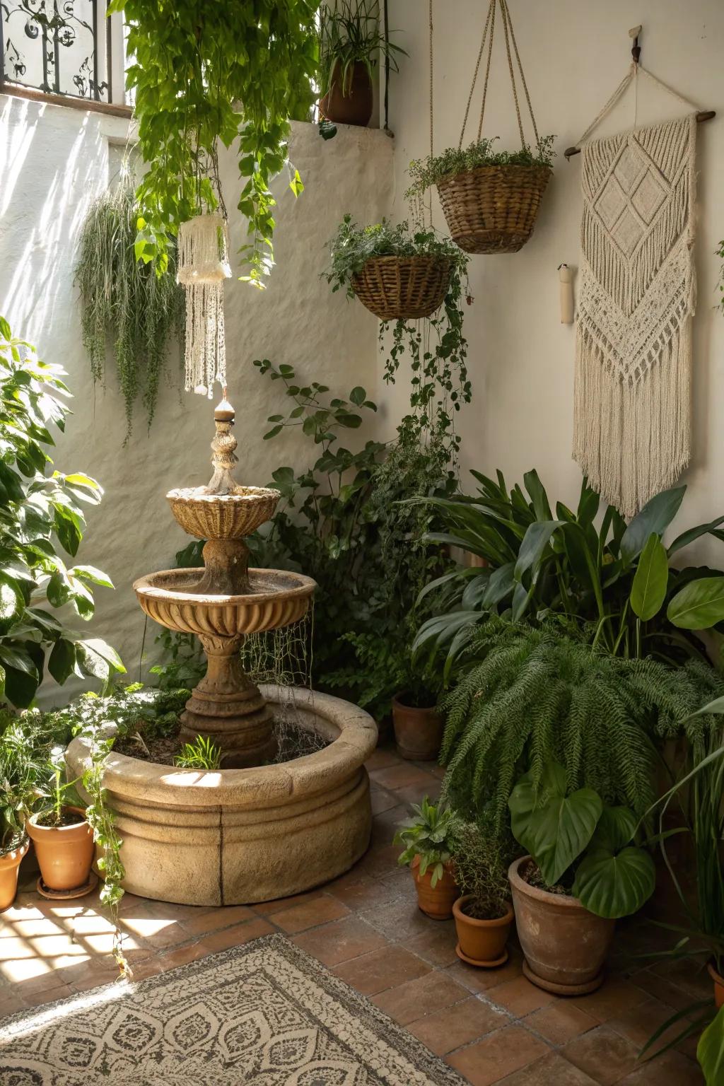 A water feature adds tranquility to the bohemian plant room.