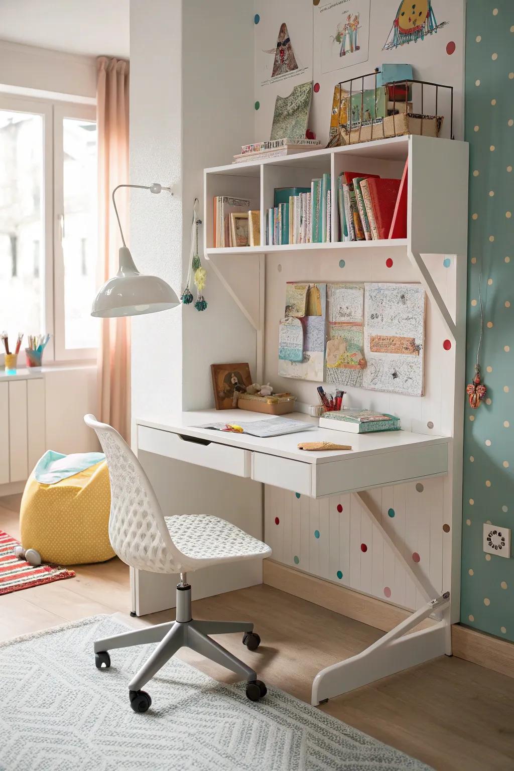 Floating desks provide a functional study area without taking up floor space.