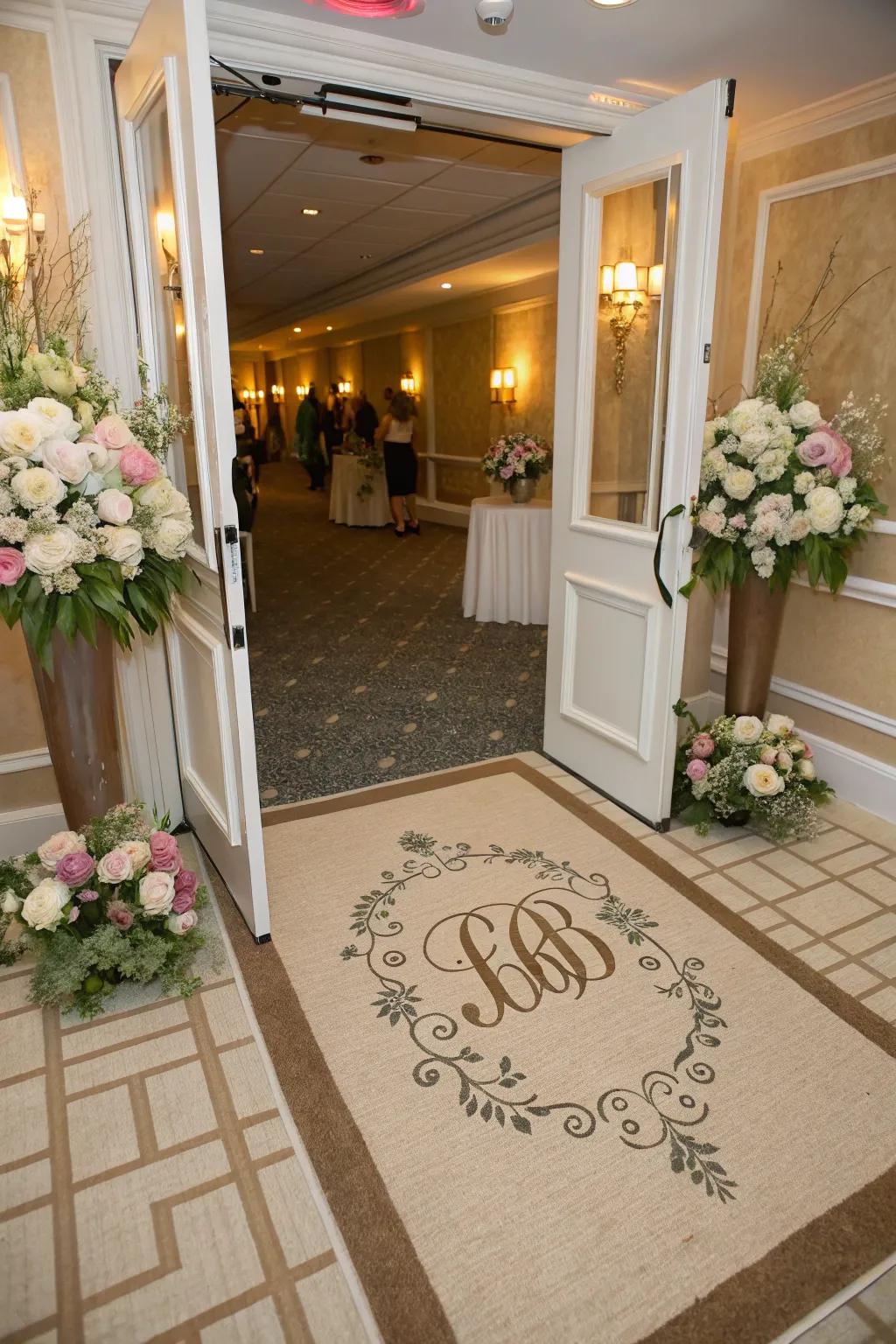 A personalized monogrammed rug invites guests to the shower with elegance and style.