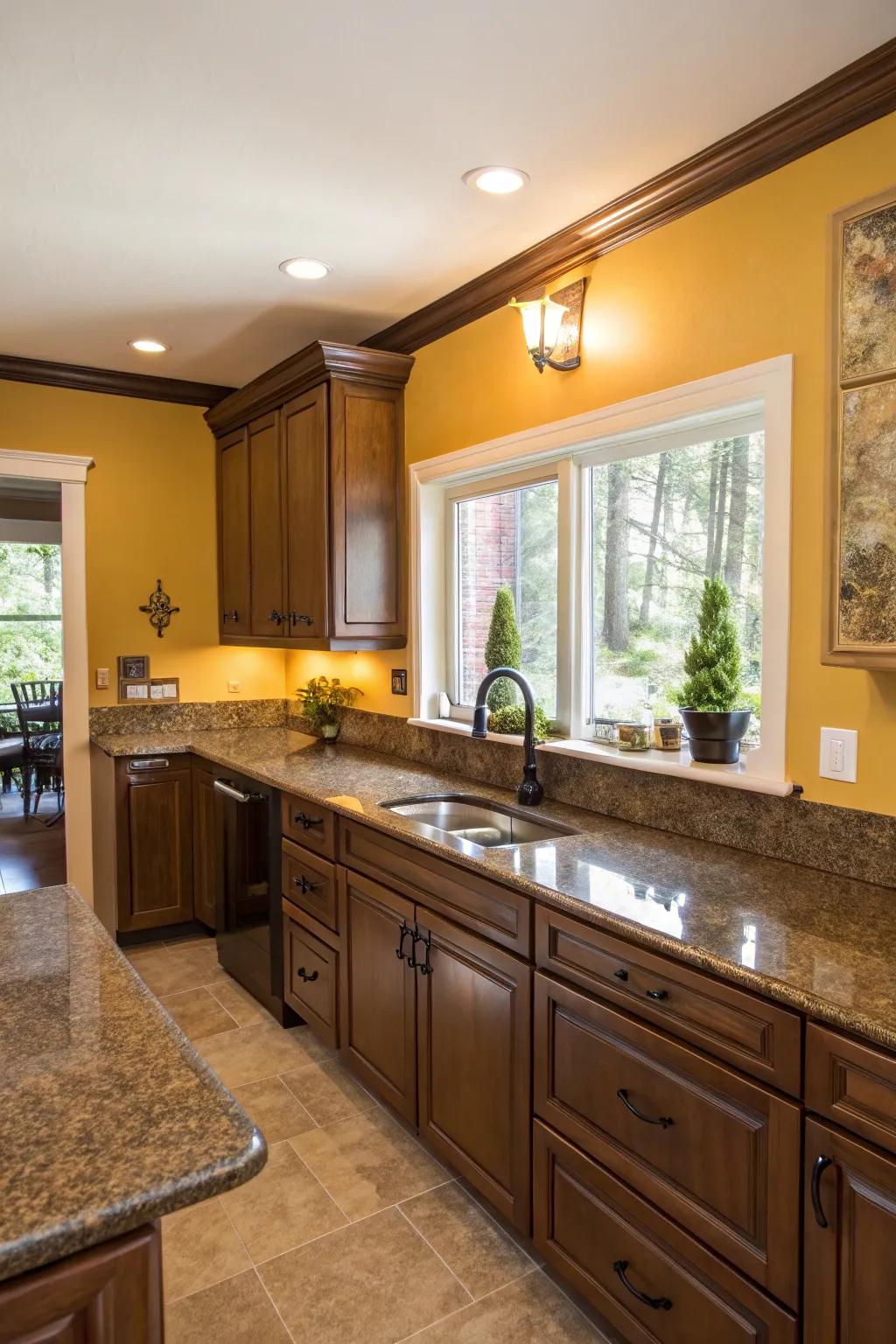 Golden yellow walls enhance the warm tones of brown granite.