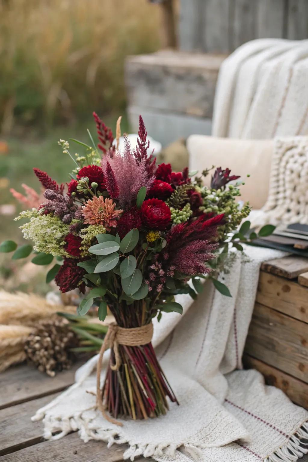 Bohemian deep red flower arrangement with desiccated flowers.