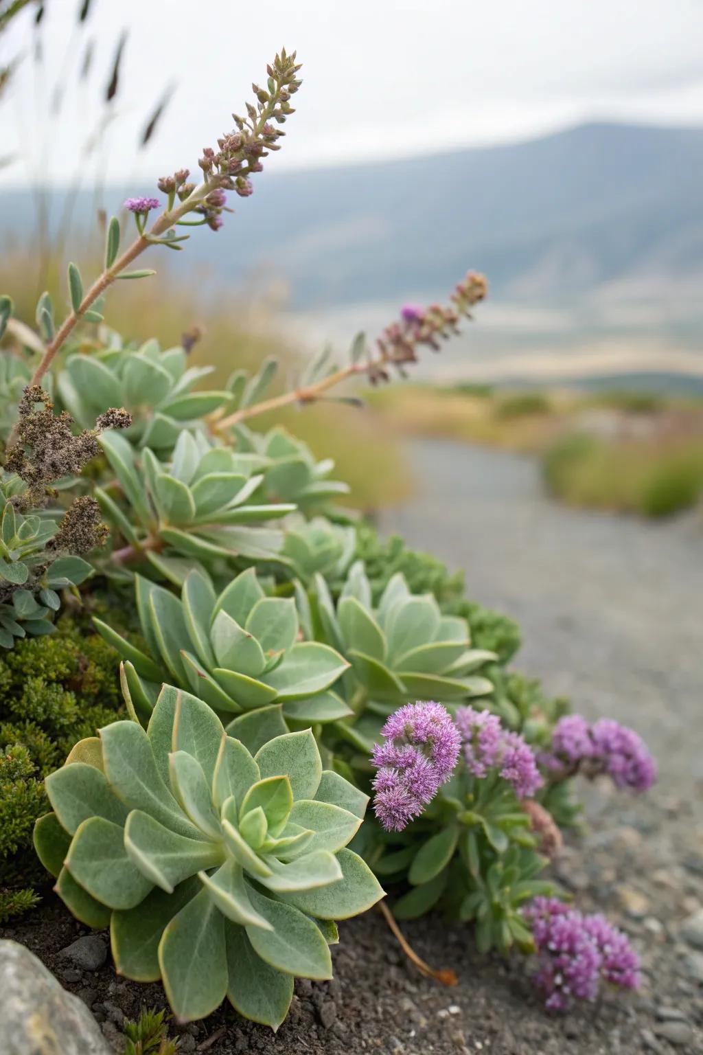 Sedum and butterfly bush provide year-round interest and contrast.