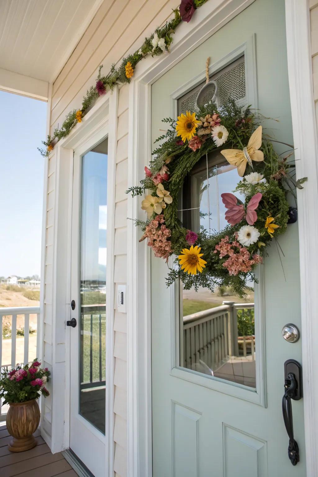 A butterfly garland delivers a cheerful greeting.