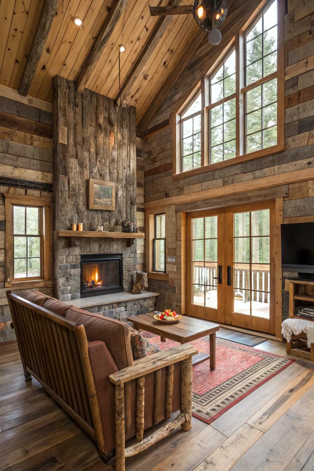 Salvaged barn wood adding rustic charm to the cabin walls.