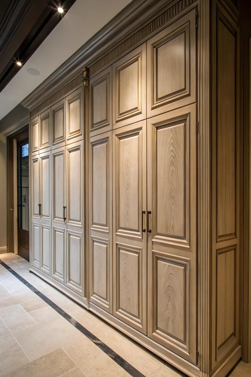 Multi-panel doors provide sophisticated depth.