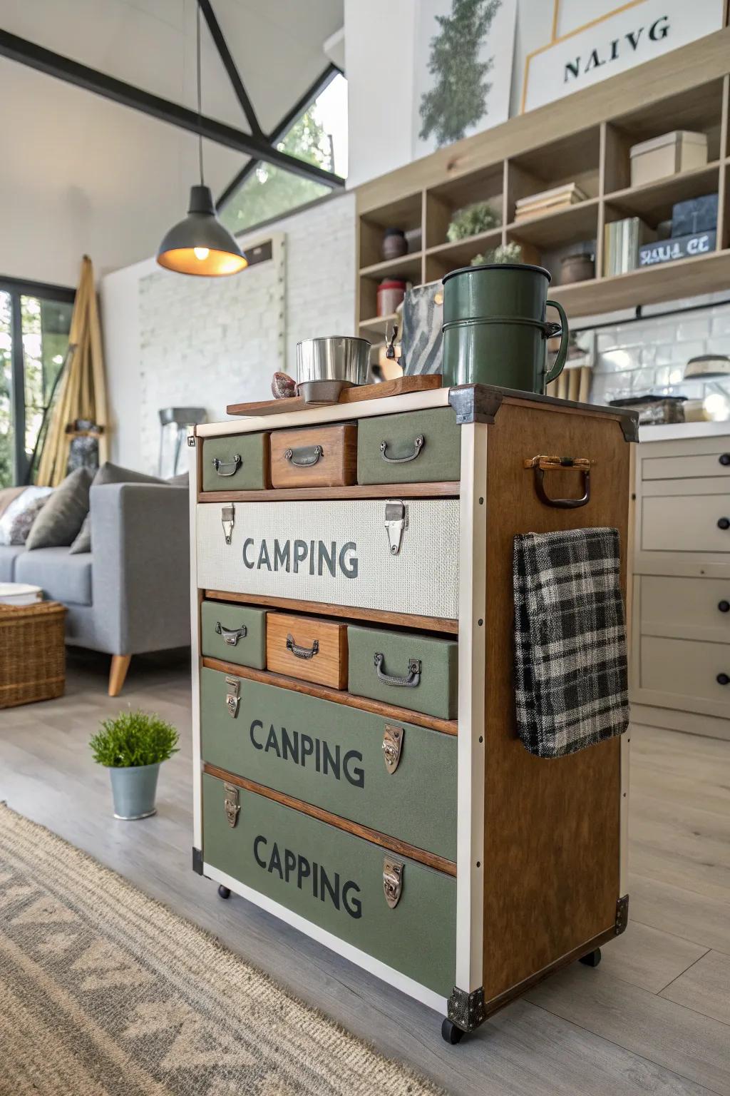 Old furniture can be transformed into stylish storage for camping gear.