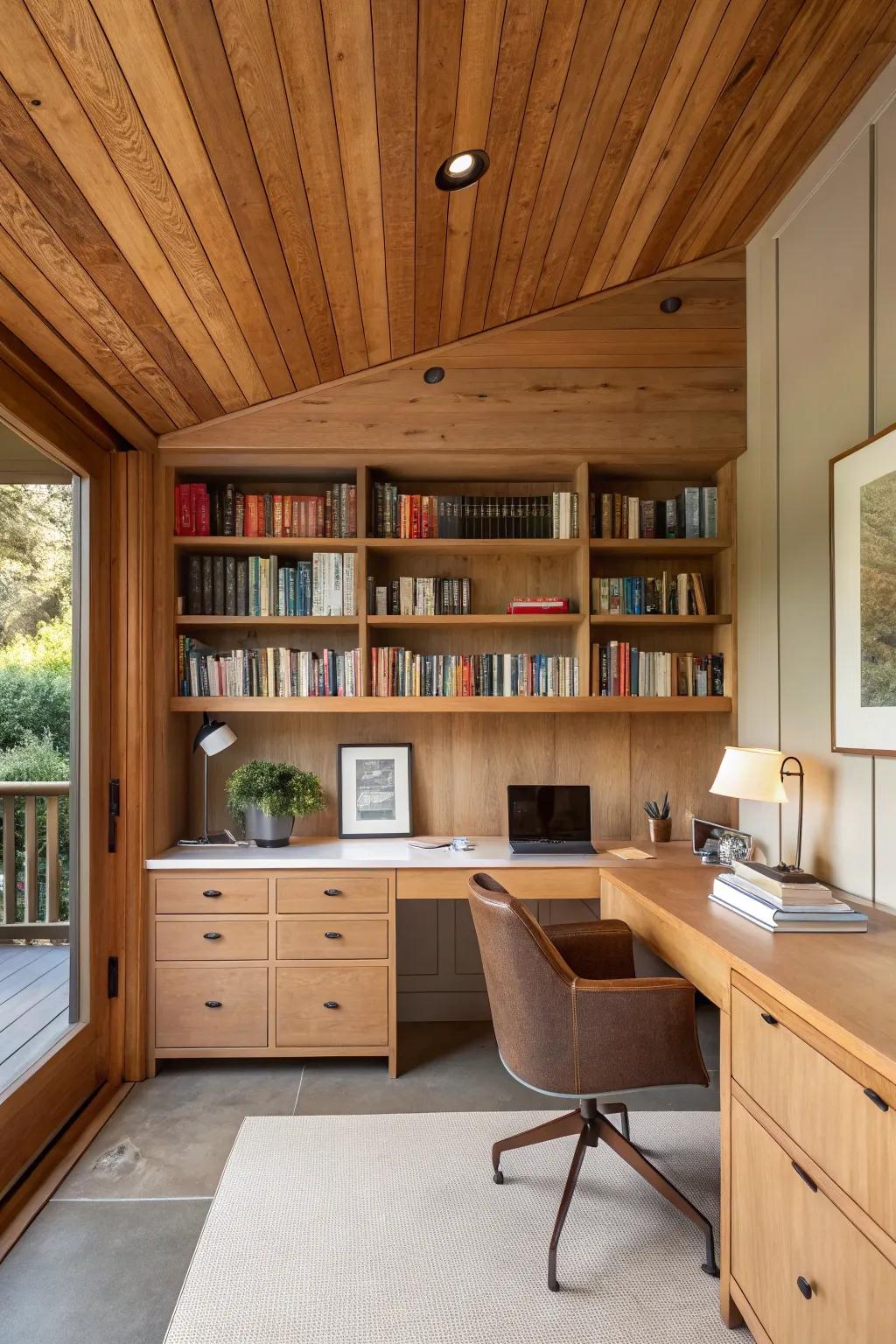 A domestic office featuring an amber canopy ceiling for a soothing work setting.
