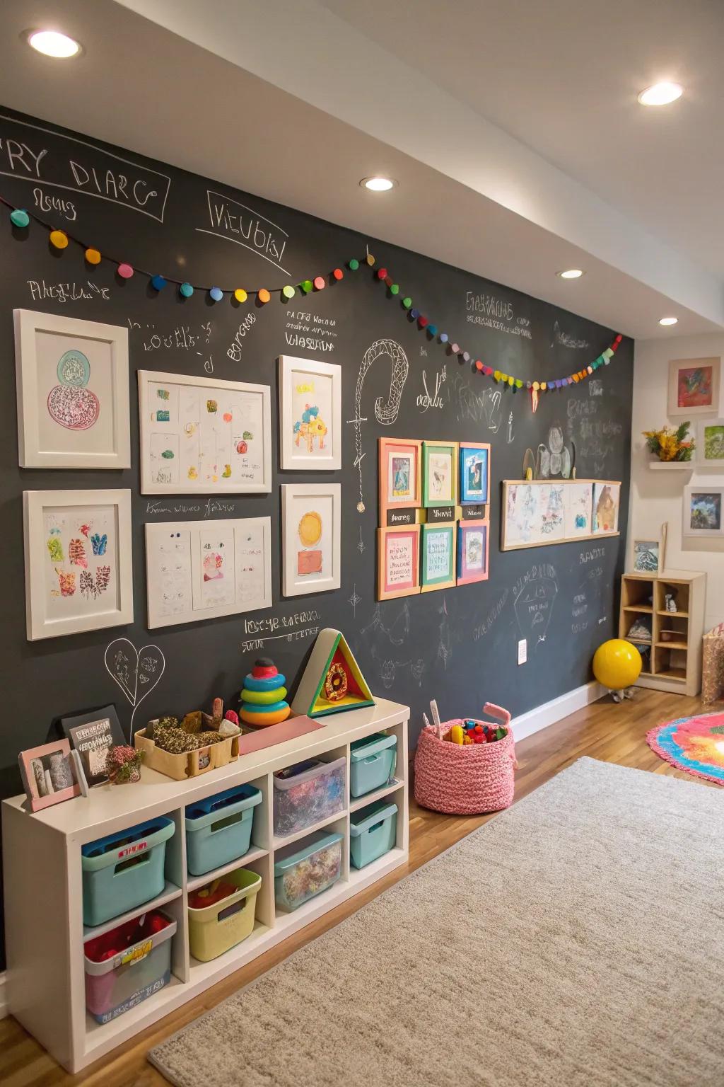 An art gallery chalkboard wall showcases creativity.