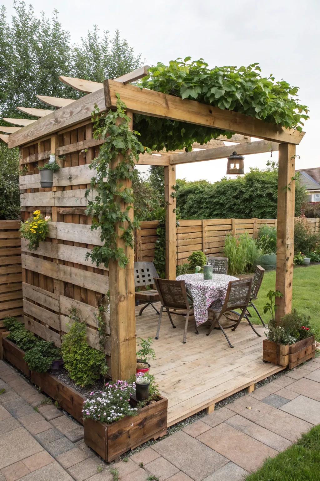 Pallets can be repurposed into a charming pergola.