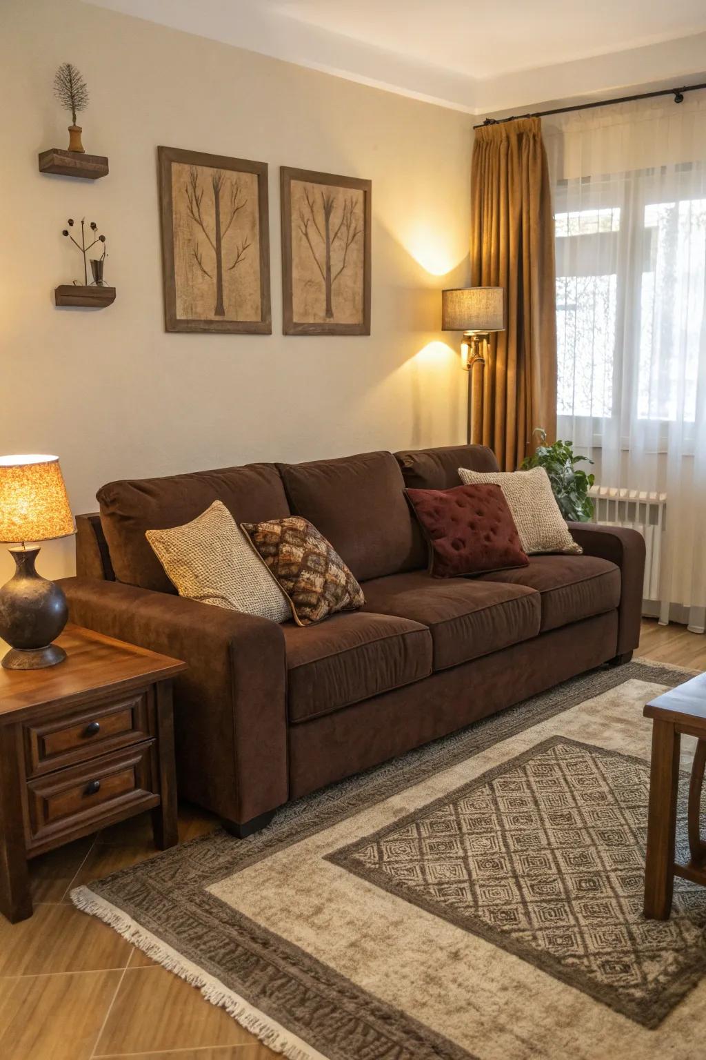 A bold monochromatic scheme with varying shades of brown enhances the chocolate couch.