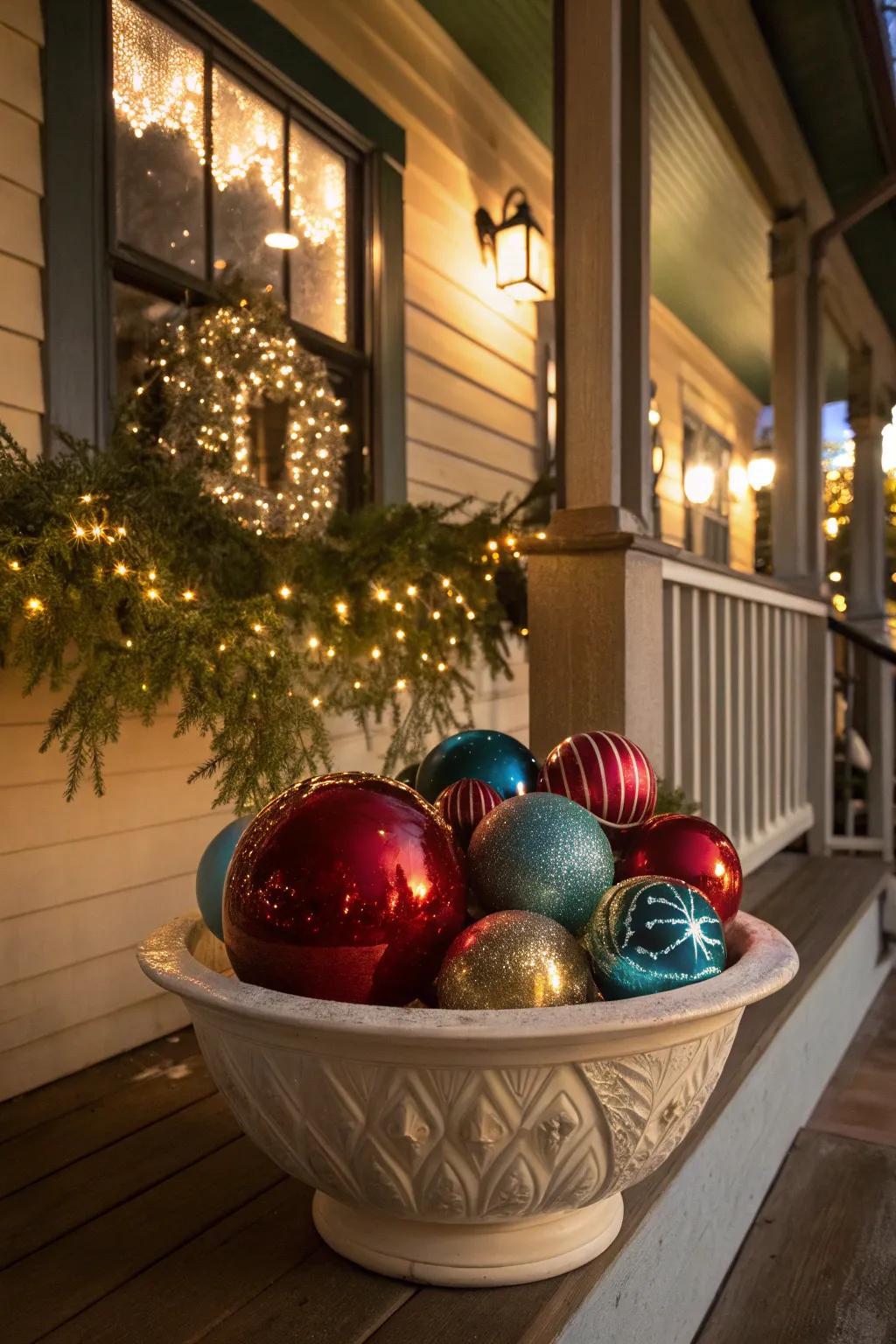 A festive display of oversized ornaments adding a colorful touch.