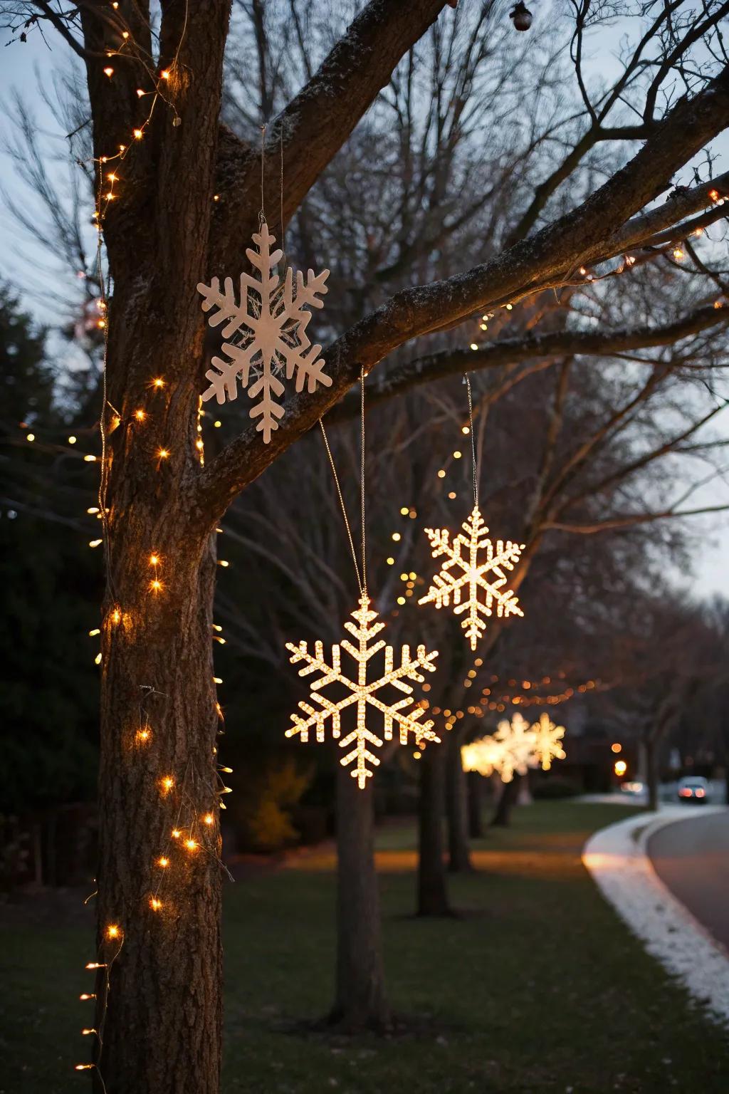 Delicate snowflake lights imparting refinement to the Christmas ornamentation.