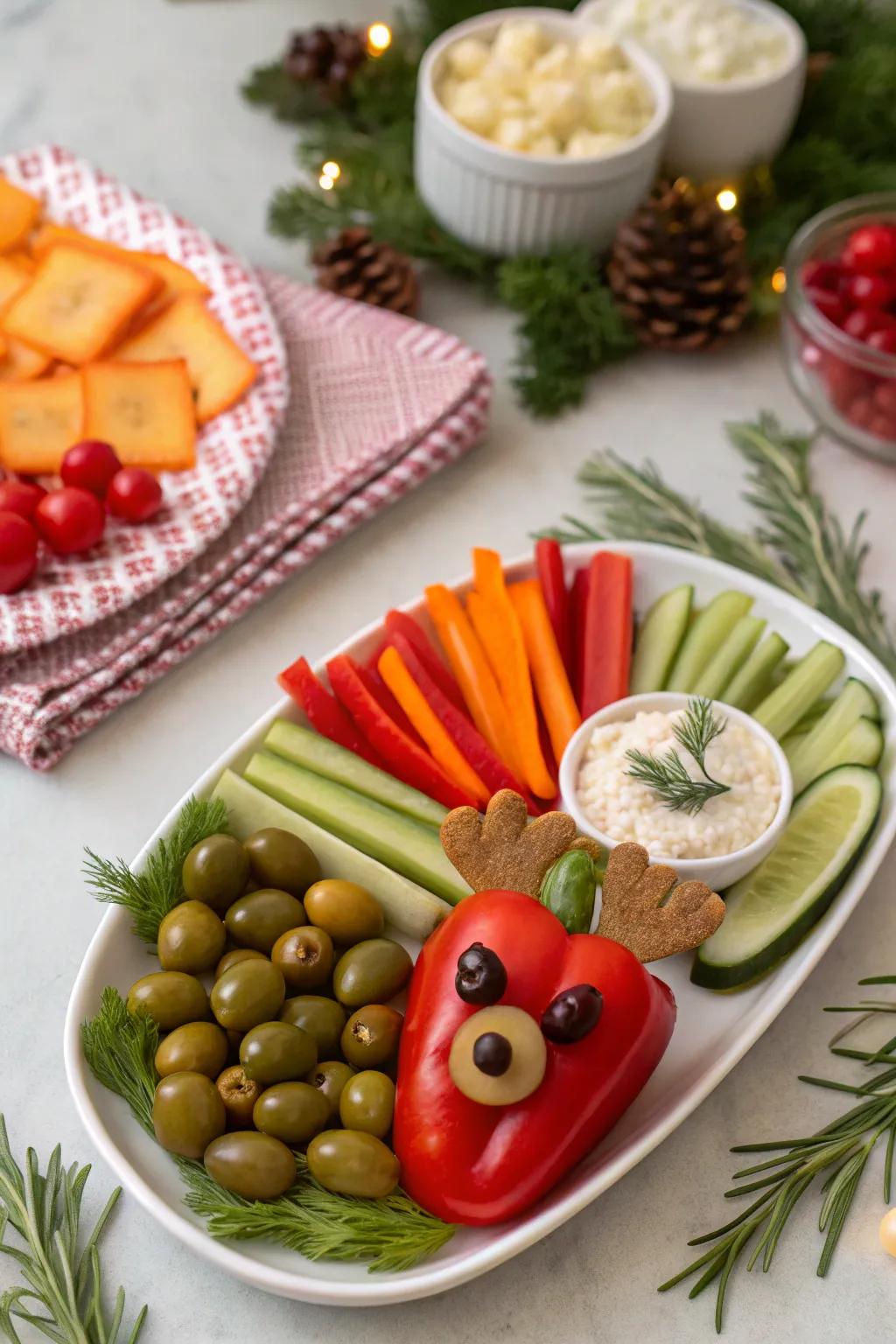 A reindeer veggie art piece that's full of holiday cheer.