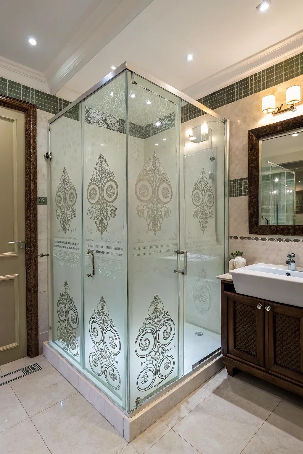 A statement shower cubicle with intricate glass design.