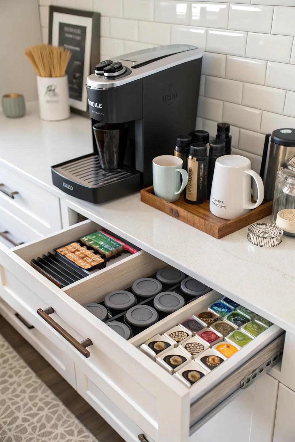 Hidden storage keeps coffee essentials out of sight but within reach.