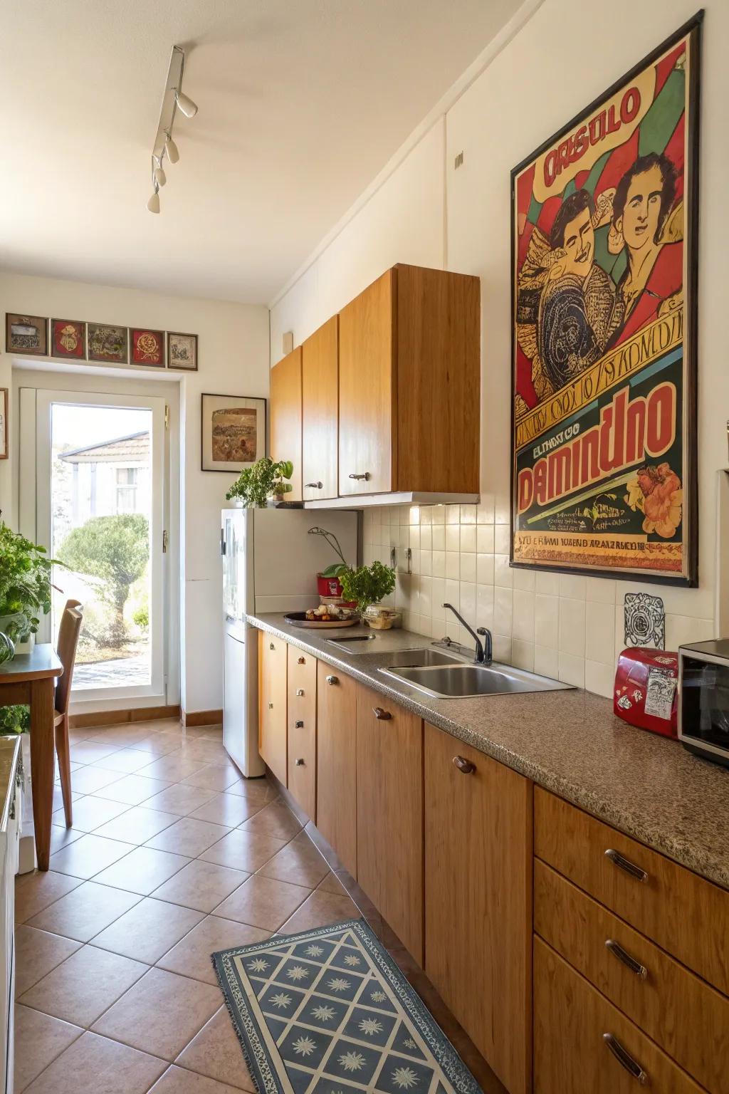 Retro-themed poster adding vintage charm to a kitchen.