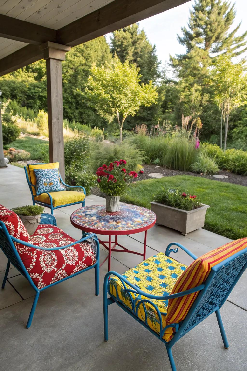 Colorful furniture adds a playful touch to your patio.