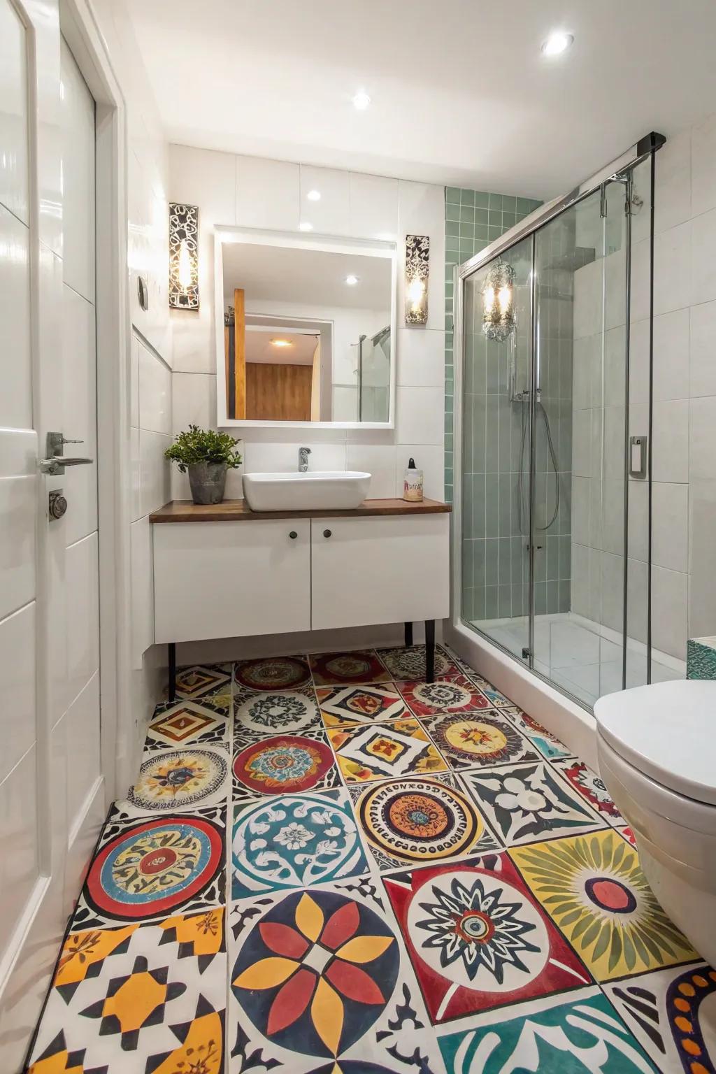 Bathroom with eye-catching statement tiles.