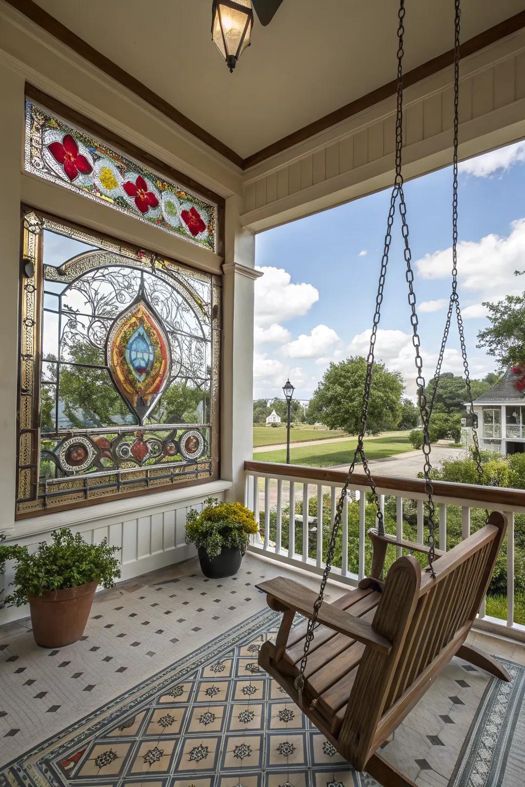 The porch is given an artistic flair by stained glass.
