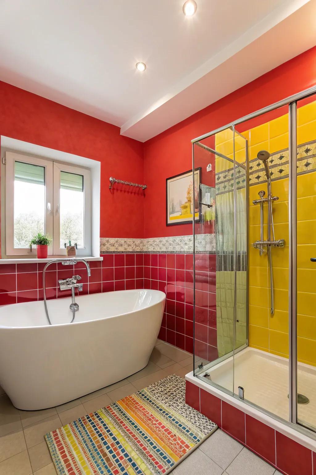 A bathroom with a bold color scheme that energizes the space.