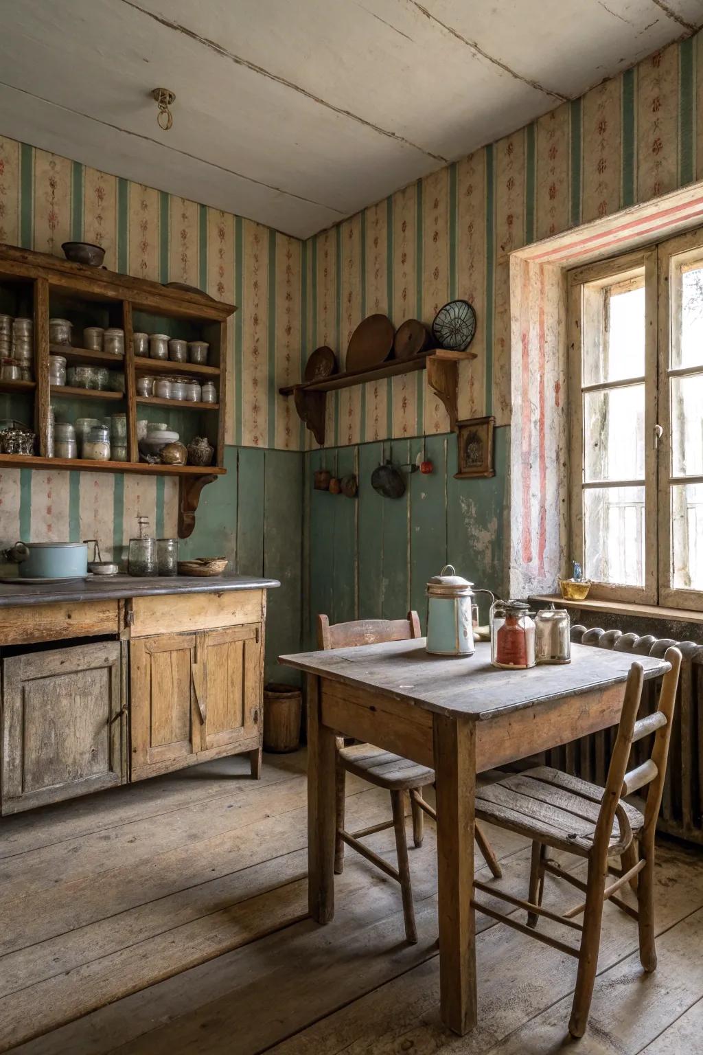 Weathered stripes add cozy charm to this rustic kitchen.