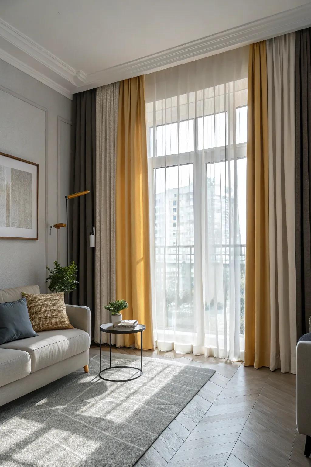 Two-tone curtains add depth and dimension to the decor.