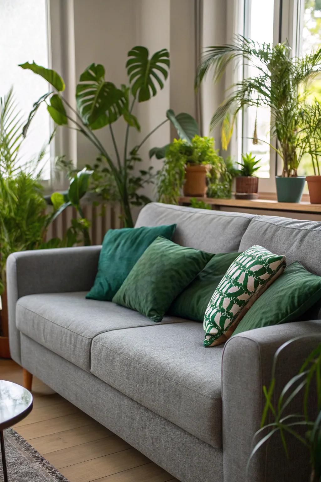 Green cushions infuse a fresh, nature-inspired feel to a grey sofa.