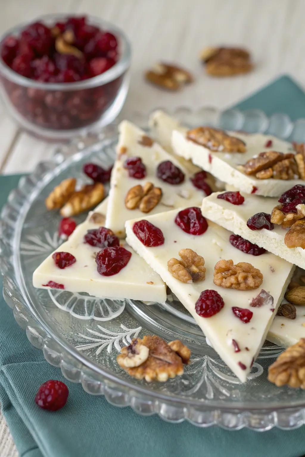 Elegant white chocolate layer cake with a festive twist.