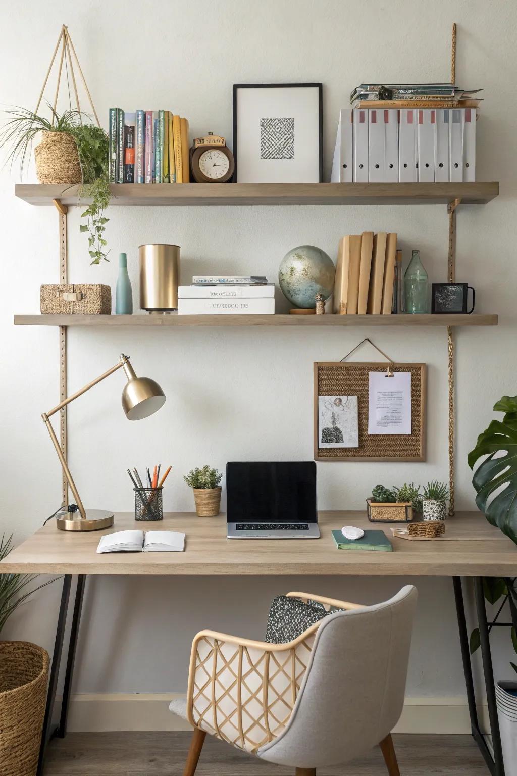 Floating shelves for a balanced workspace.