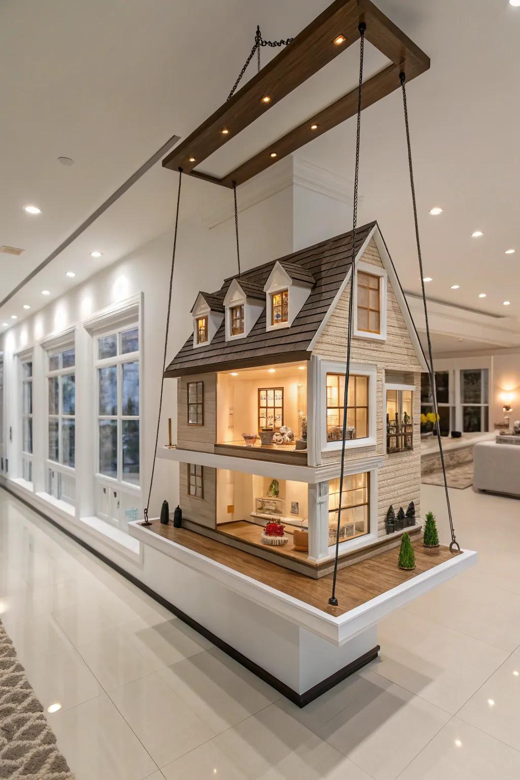 Floating shelves give a modern twist to dollhouse displays.