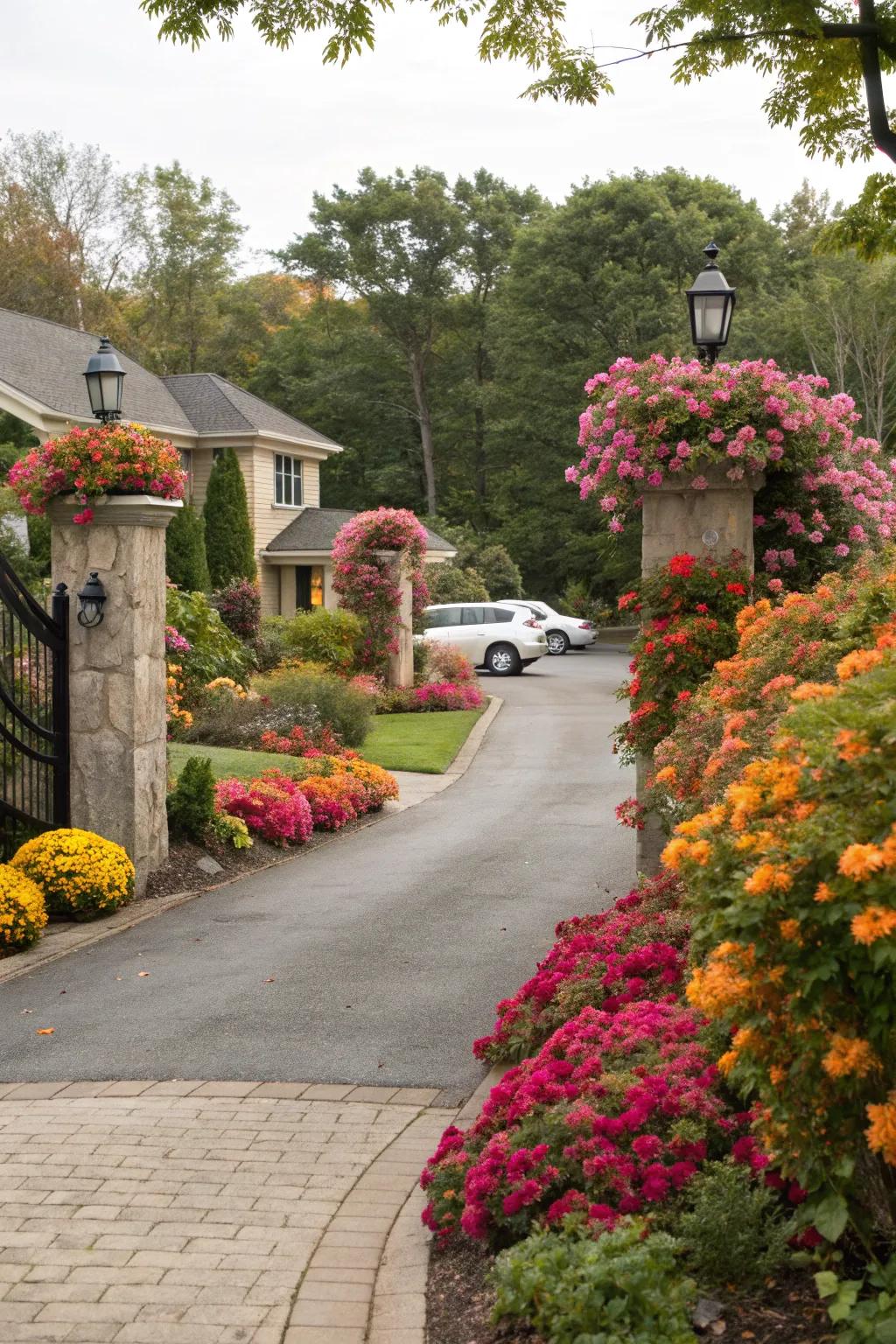 Seasonal plants add dynamic color and life to this driveway entrance.