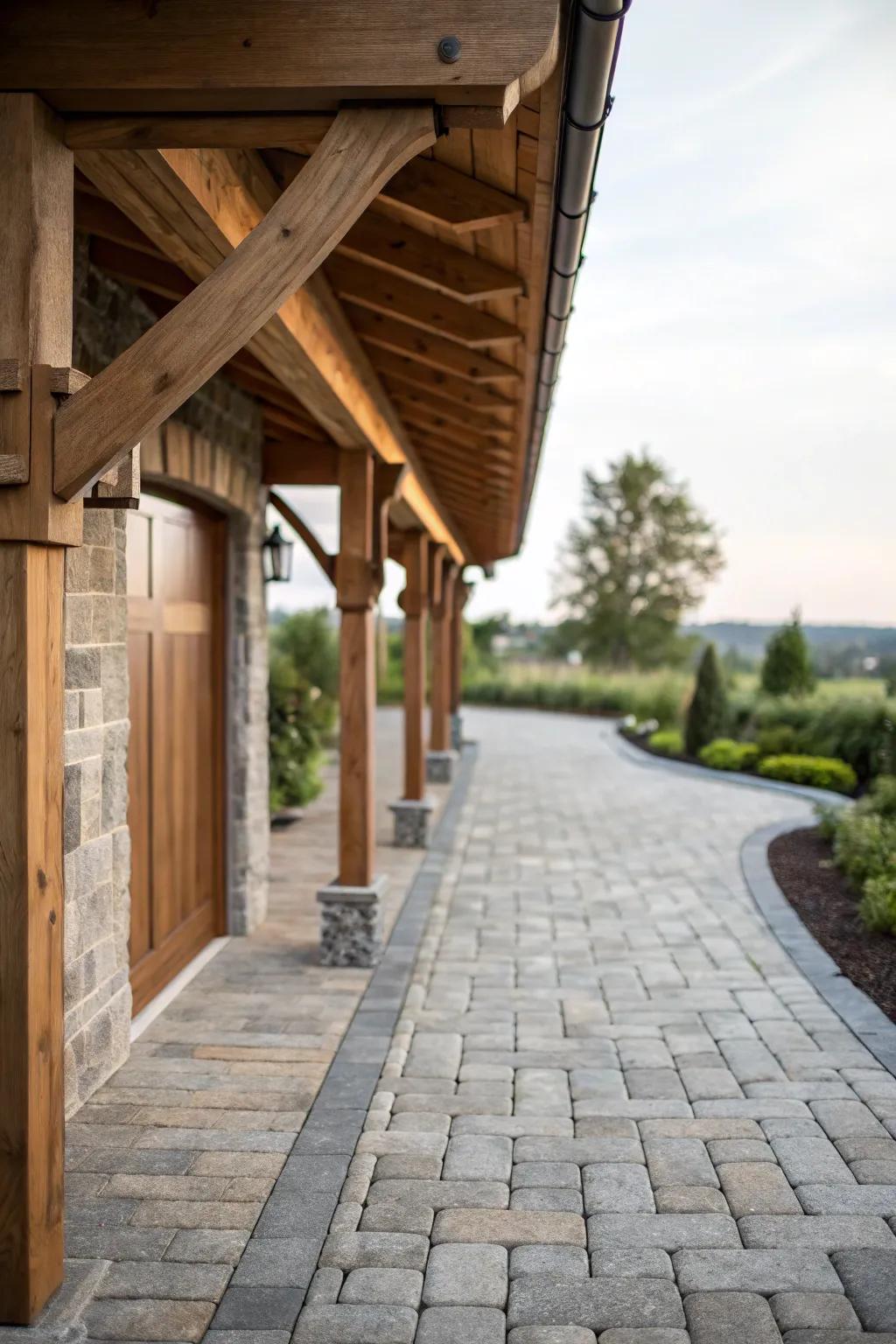 Wooden accents add rustic charm to driveway designs.