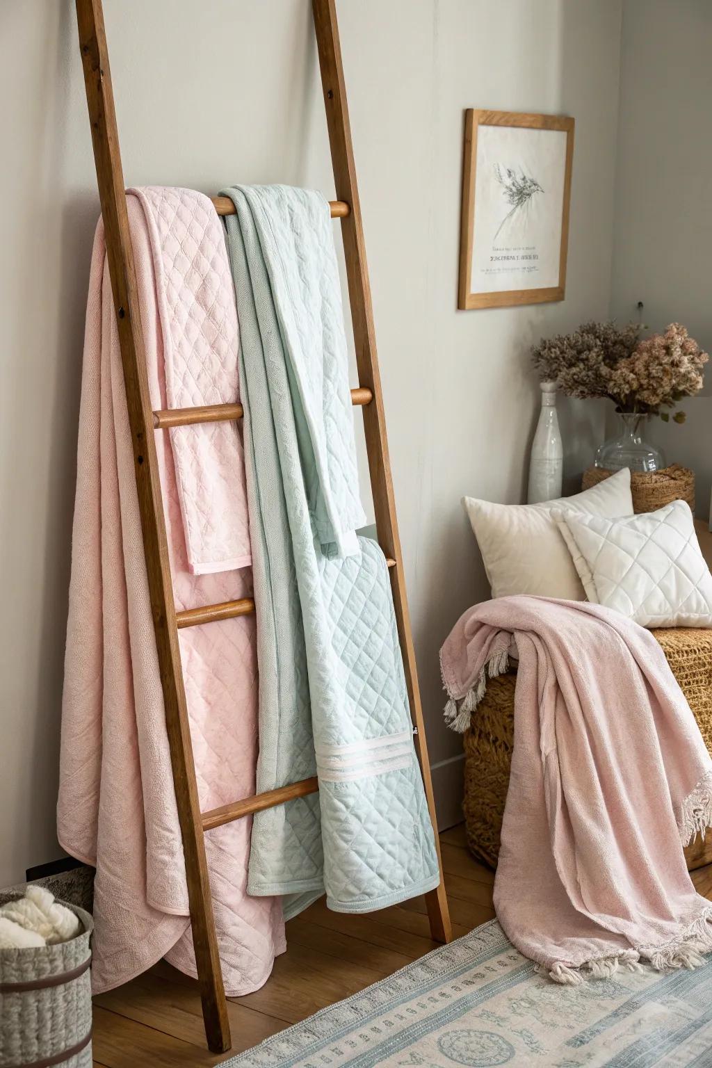 A blanket ladder provides an elegant display for duvets.