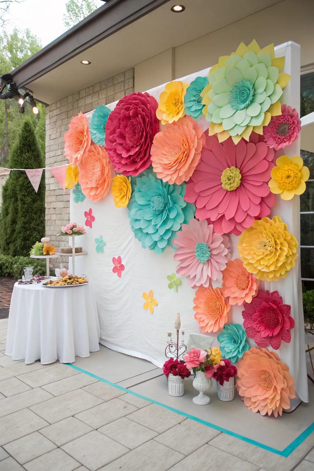 DIY paper flowers add a colorful, creative touch.