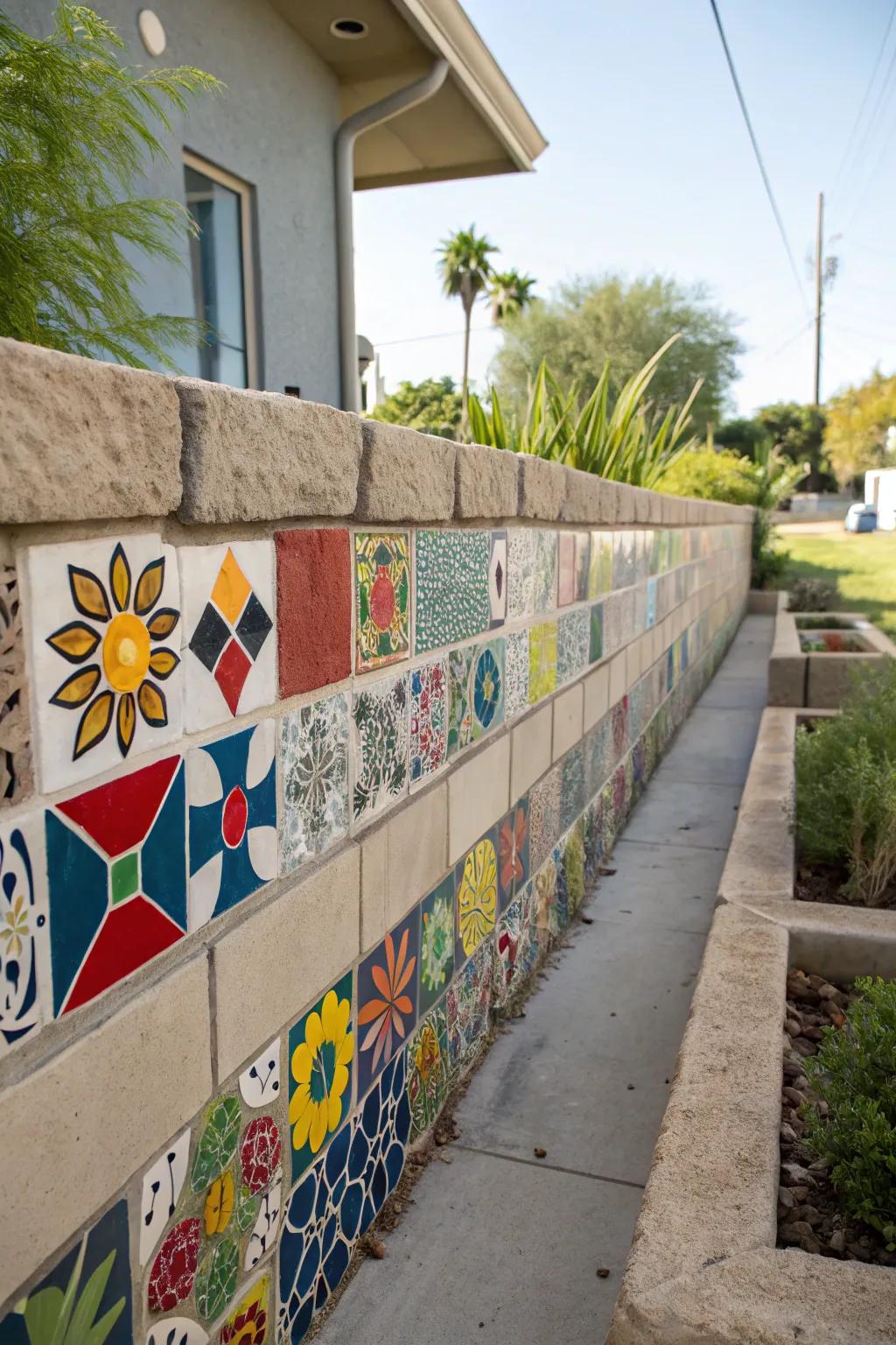 Decorative tiles transform walls into colorful mosaics.