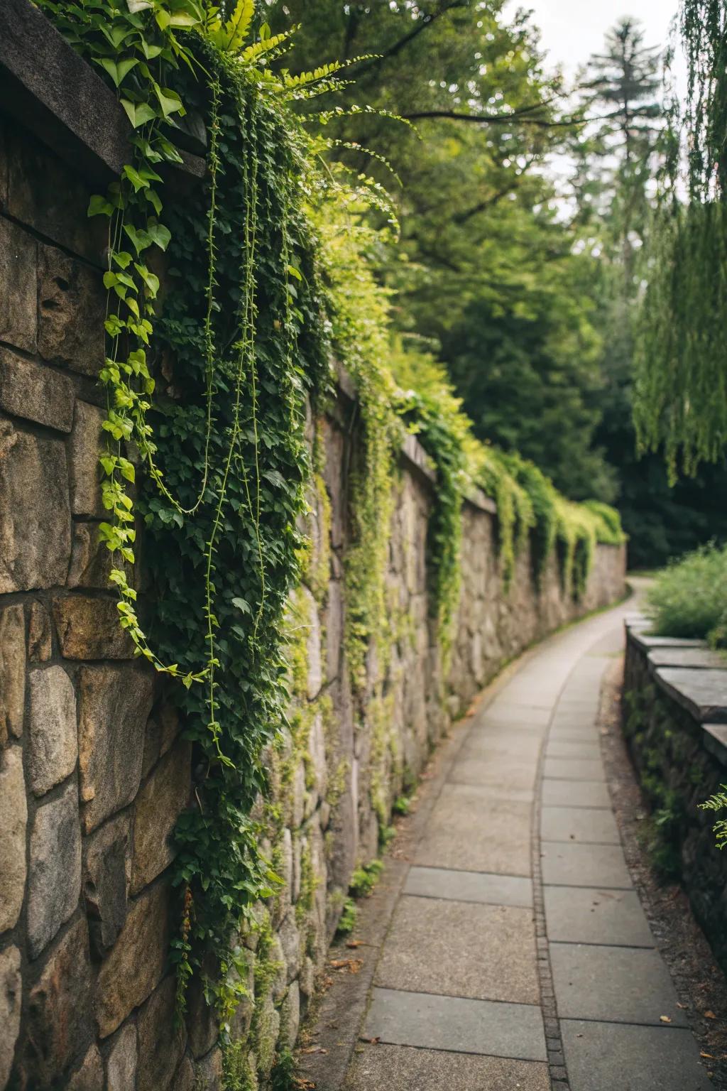 Vertical gardens bring life to stone walls, creating a lush facade.